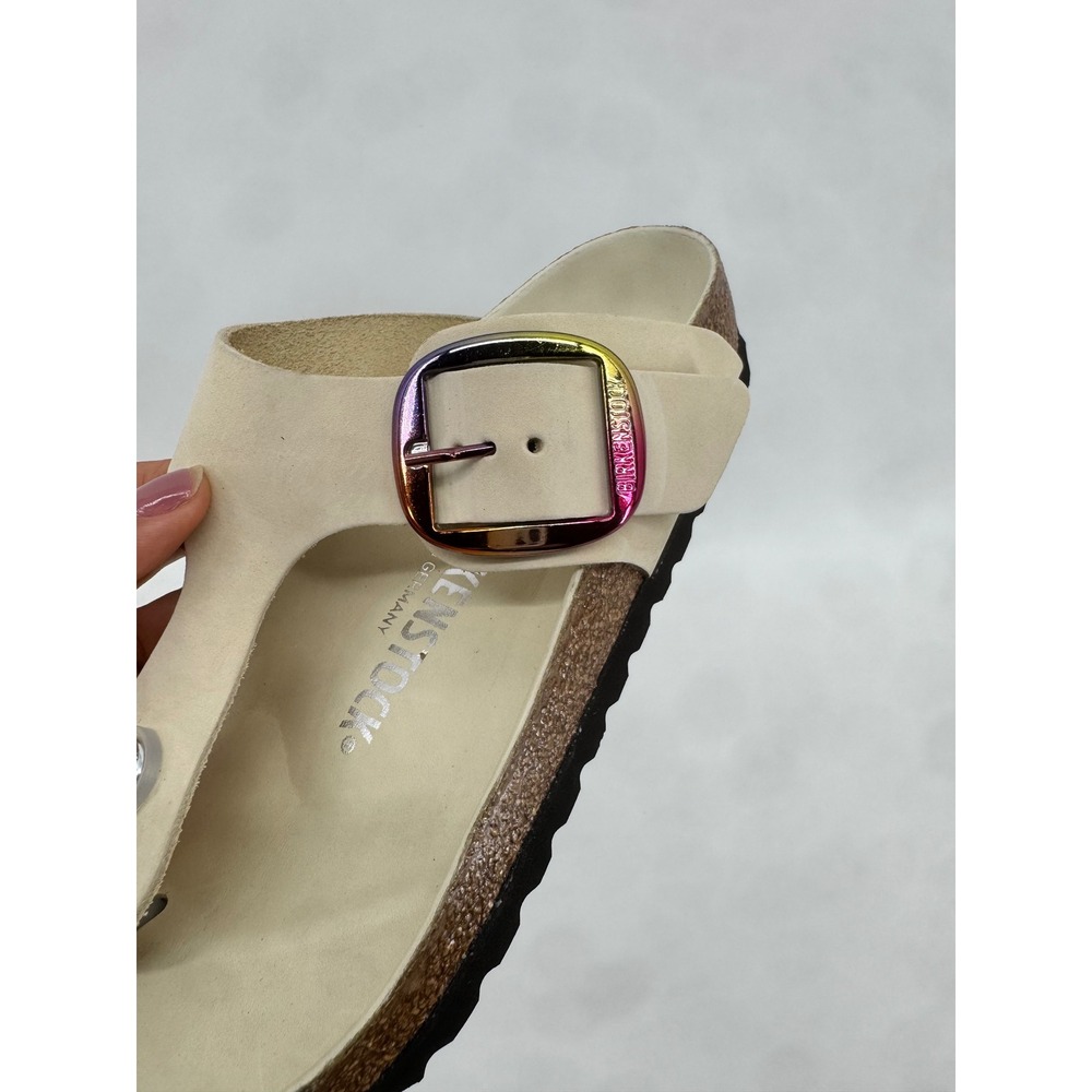Birkenstock Gizeh Big Buckle Sandals Cream Nubuck Iridescent Hardware 37 L6 M4 - Picture 2 of 4